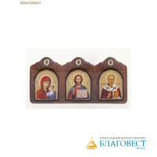 Икона-триптих автомобильная Богородица, Спаситель, Святитель Николай, объемный лак
