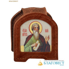 Икона дорожная раскладная Пророк Илия (натуральная кожа). Цвет коньяк