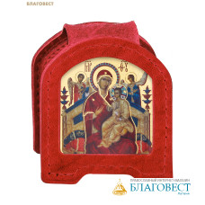 Икона дорожная раскладная Пресвятая Богородица «Всецарица» (натуральная кожа). Цвет красный