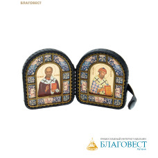 Складень кожаный Николай Чудотворец - Спиридон Тримифунтский, размер 7х8,5см (в раскрытом виде 14,3см), дерево