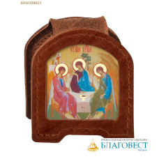 Икона дорожная раскладная Святая Троица (натуральная кожа). Цвет коньяк