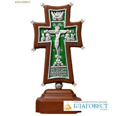Крест гальванический на подставке Византийский, малый. Натуральный жемчуг, серебрение, эмаль